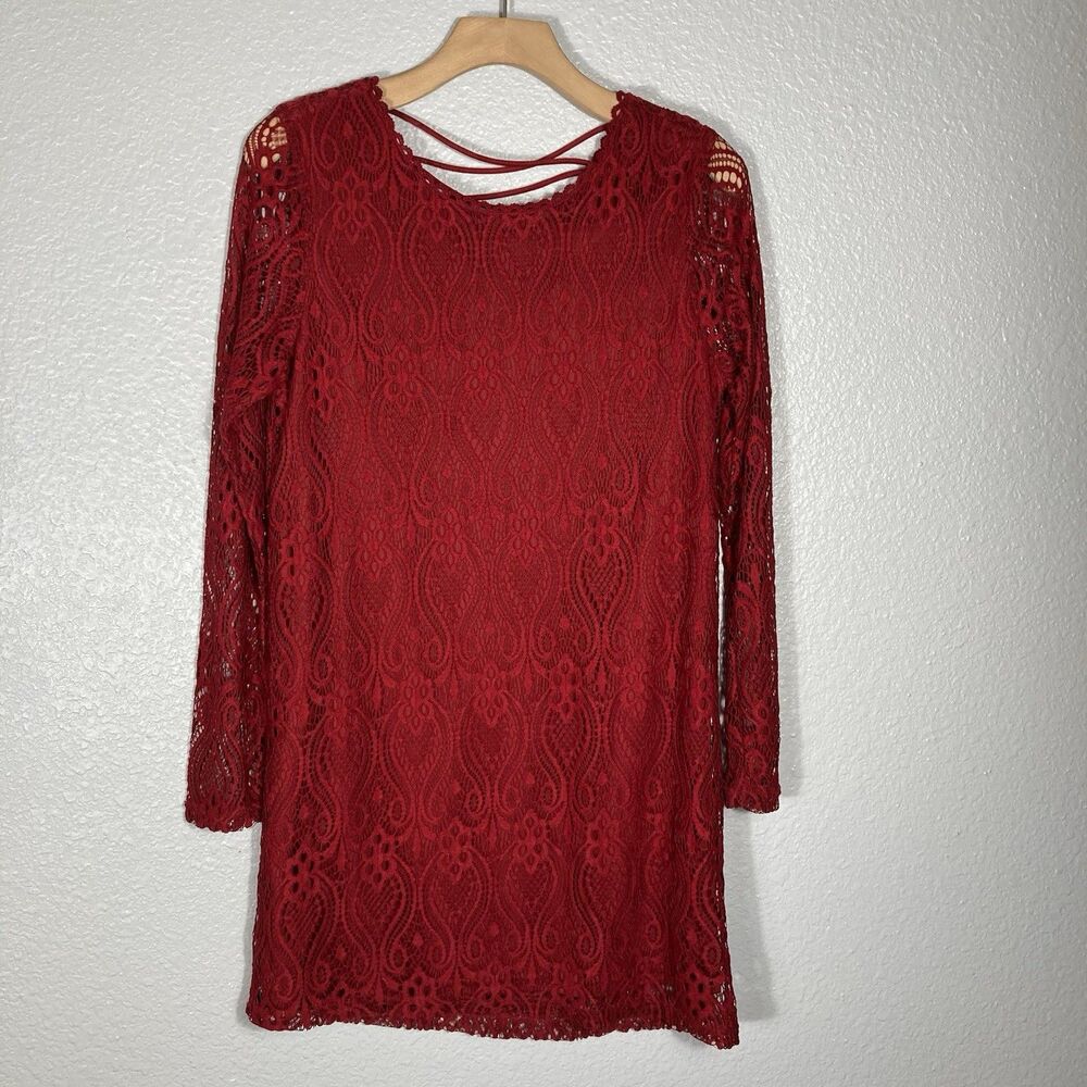 She + Sky Sheer Lace Dress M Burgundy Fairy Romantic Feminine Open Strap Back